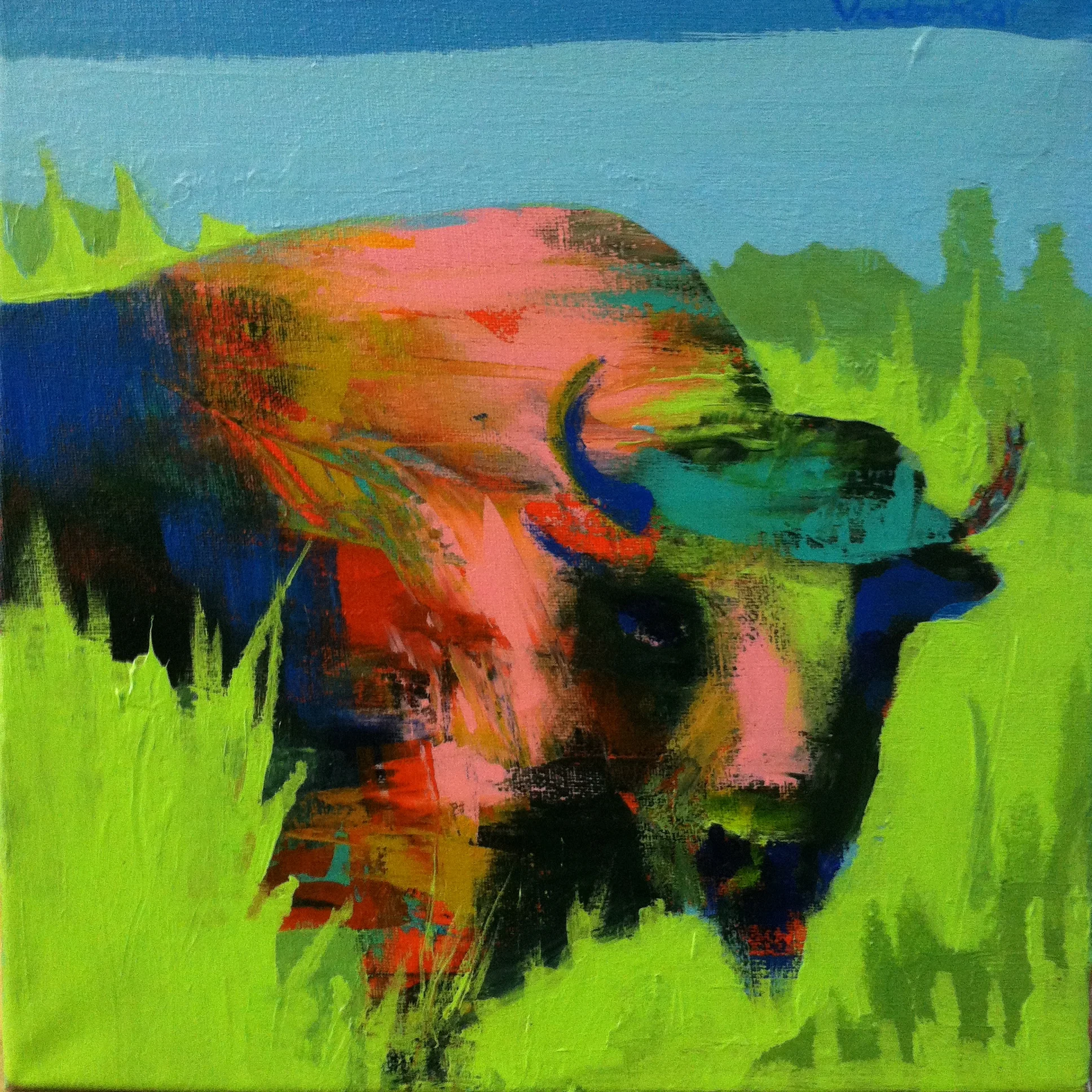 Bison in green, acrylic on canvas, 12x12 inches, 2015