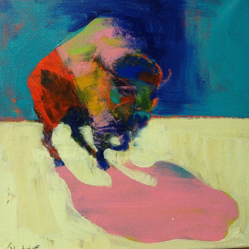  Bison running with pink shadow, acrylic on canvas, 12x12 inches, 2015 