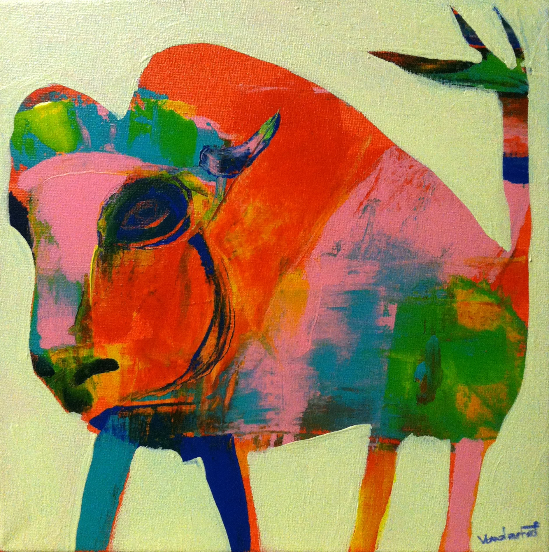 Bison with tail, acrylic on canvas, 12x12 inches, 2015