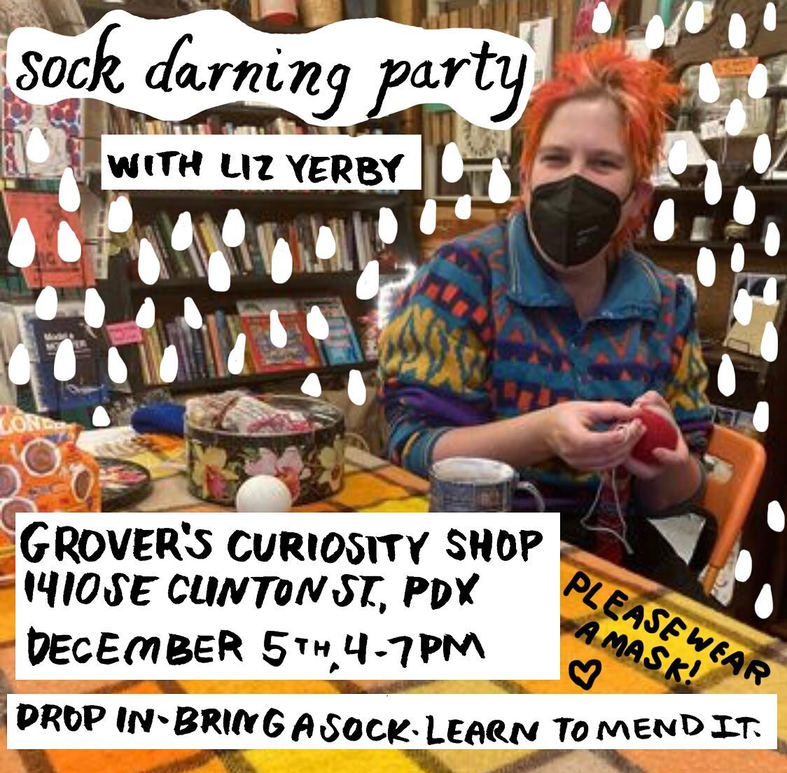 I&rsquo;m doing it again! I&rsquo;ll be @groverscuriosityshop 12/5 4-7pm to help you darn wool socks or sweaters.  I&rsquo;ll have extra yarn and darning needles too. It&rsquo;s a small space so wear a mask. Let&rsquo;s hang and mend some clothes!  @