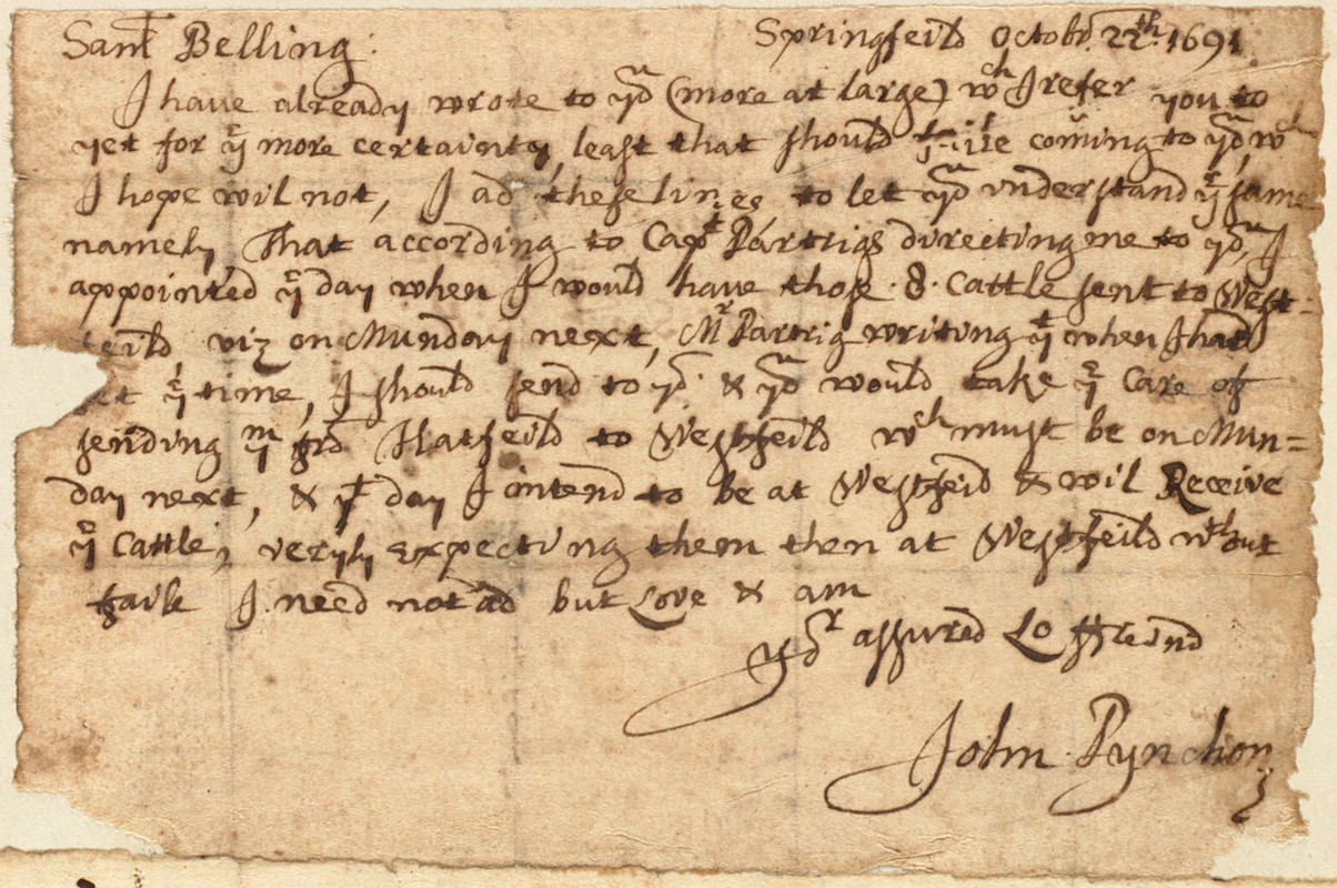 Letter to Sam Belling from John Pynchon in Springfield, Oct. 22, 1691.