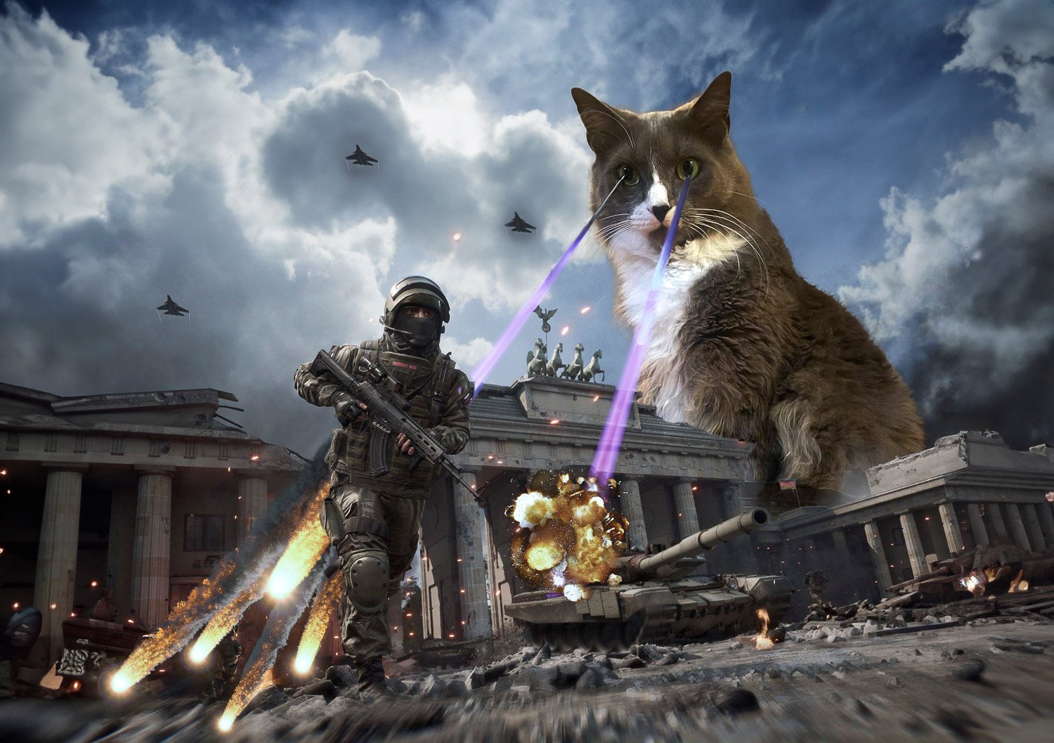 A giant cat with laser eyes fighting soldiers
