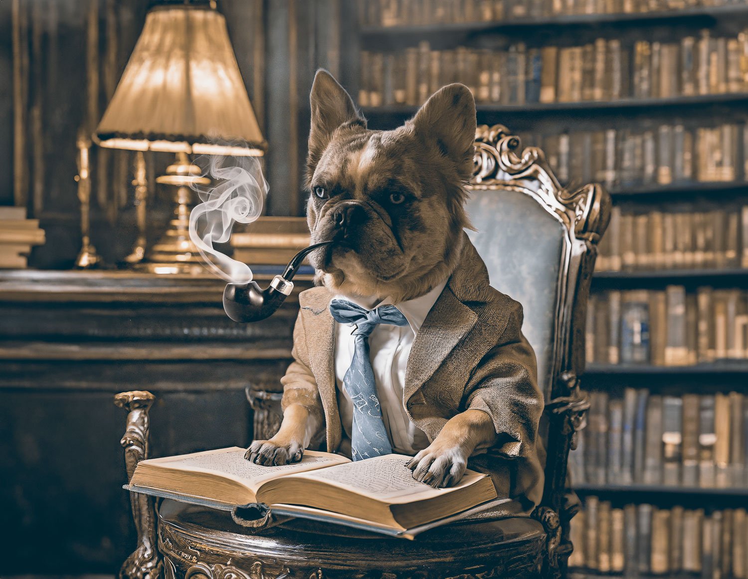 A french bulldog sitting on a chair in a library wearing a smoking jacket and blue tie with his paws on a book and smoking a pipe