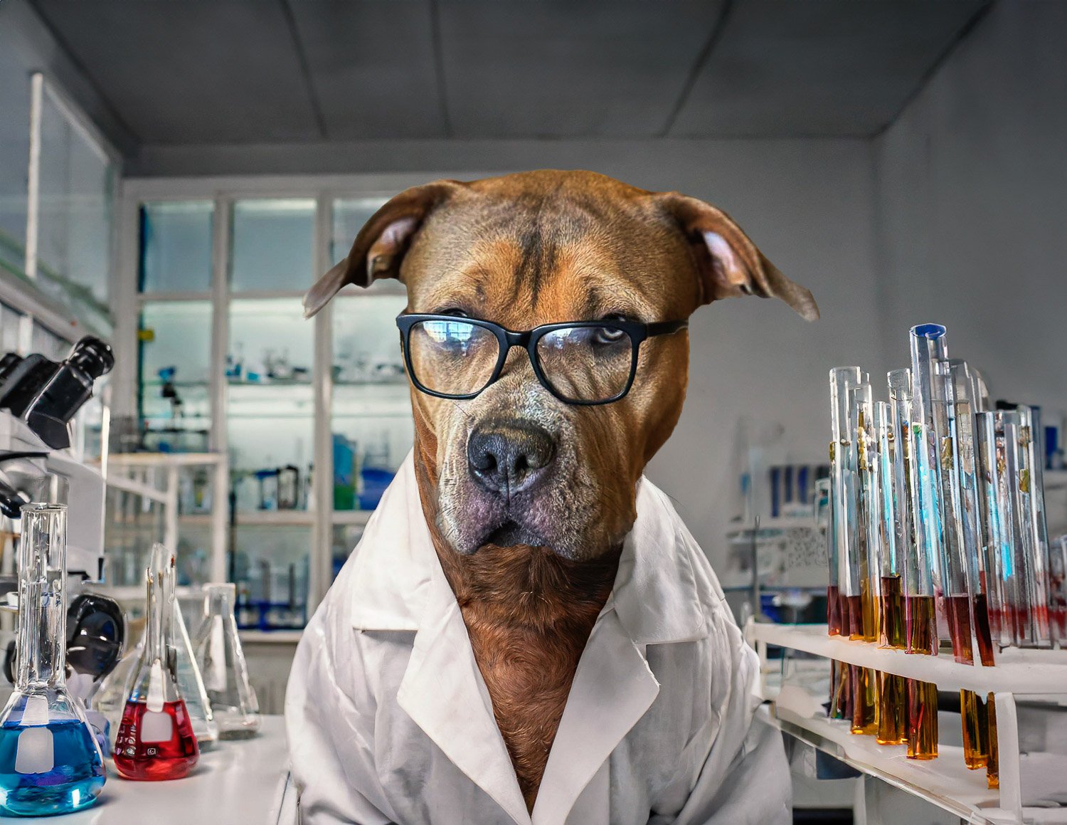 A large reddish brown dog wearing a white lab coat and reading glasses in a scientific laboratory 