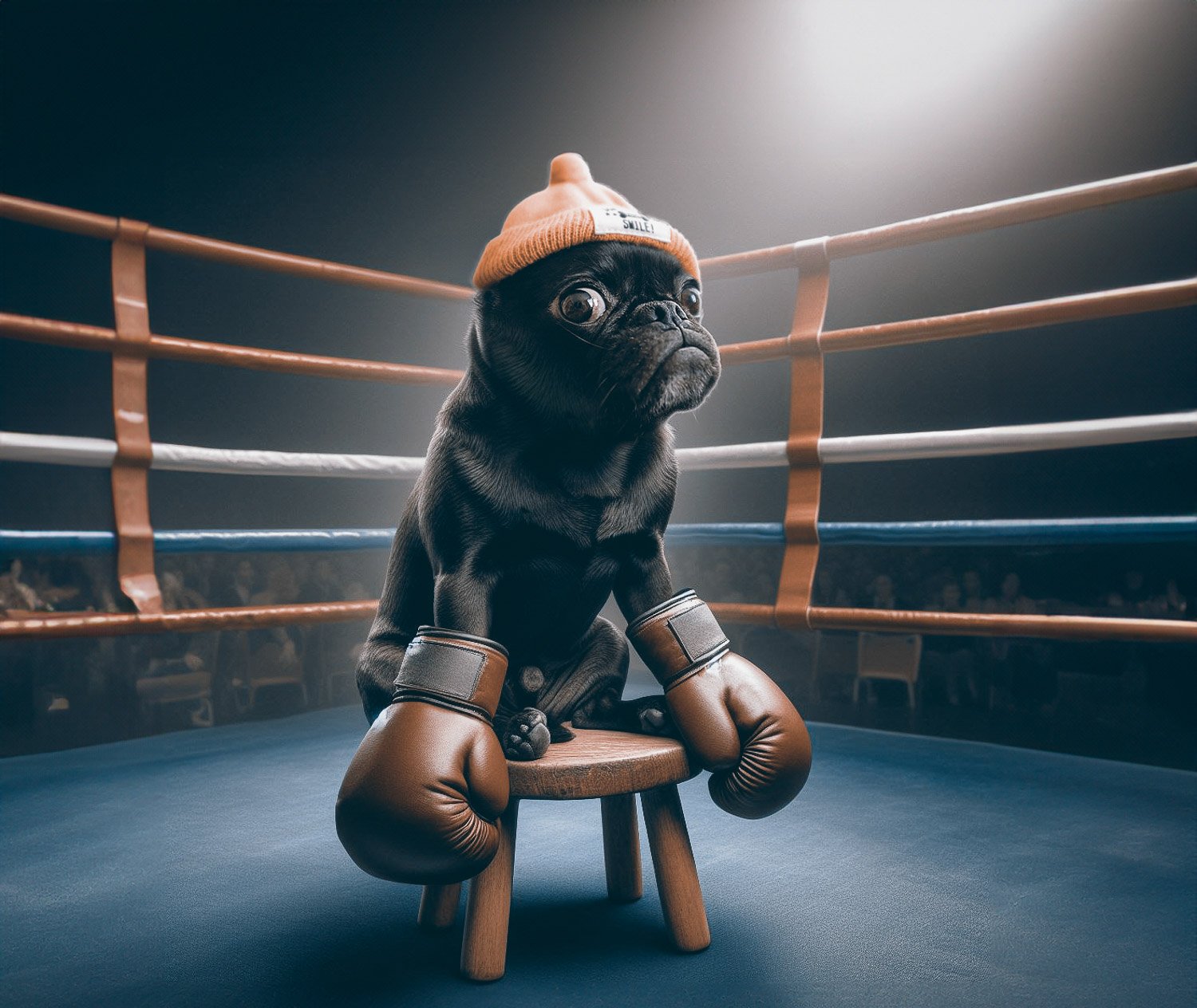 A black pug dog sitting on a stool in a boxing ring wearing a orange beanie and red boxing gloves 