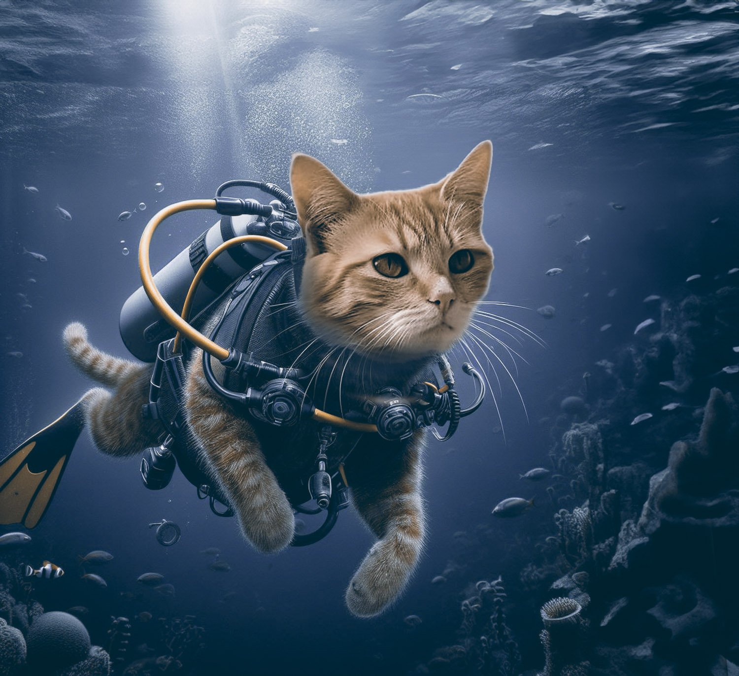 A ginger cat scuba diving and swimming amongst a school of fish 