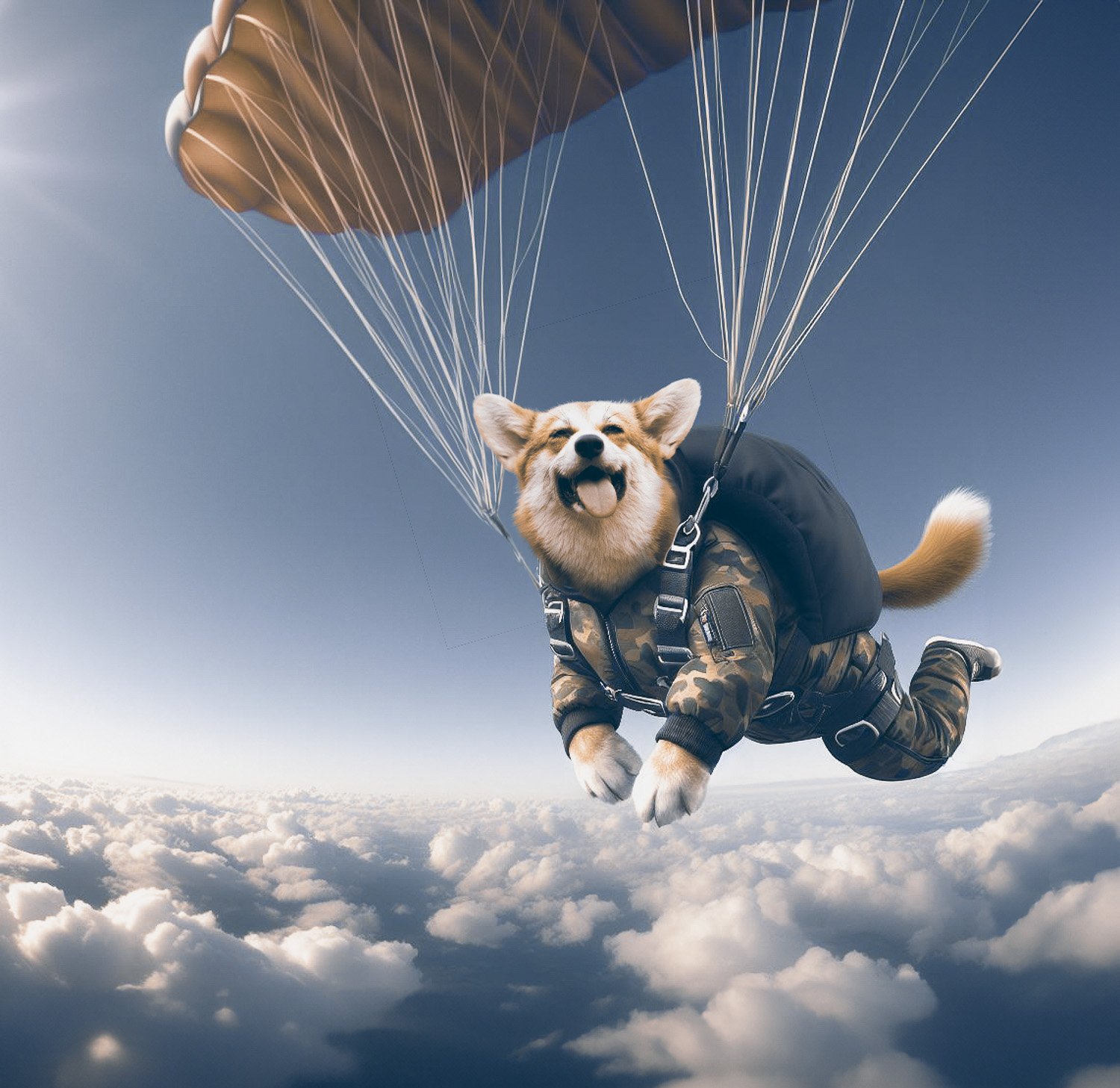 A Corgi dog with its tongue sticking out parachuting high above a cloudy sky sky