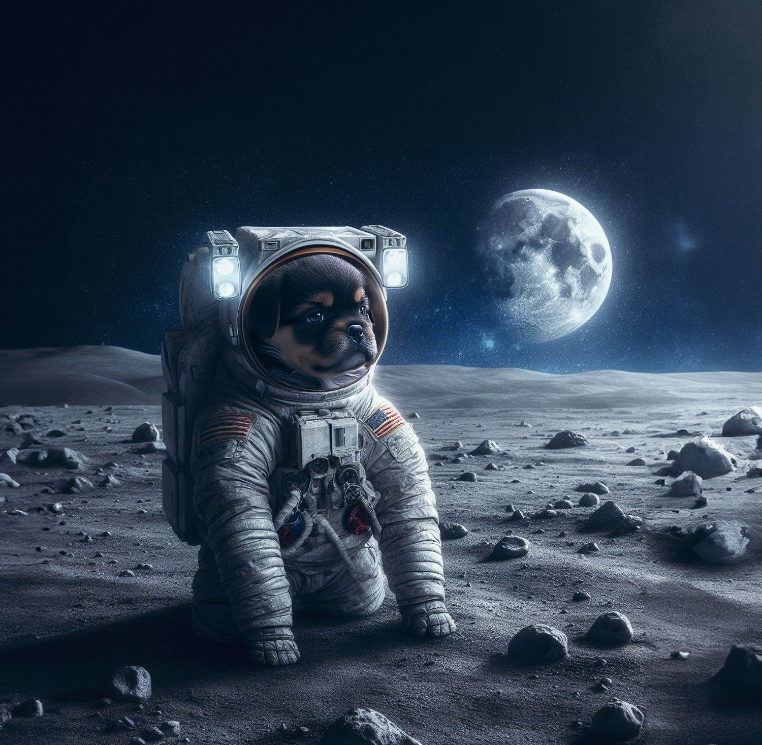 A small puppy in a space suit sitting down on a desolate planet with a moon in the background                                                         