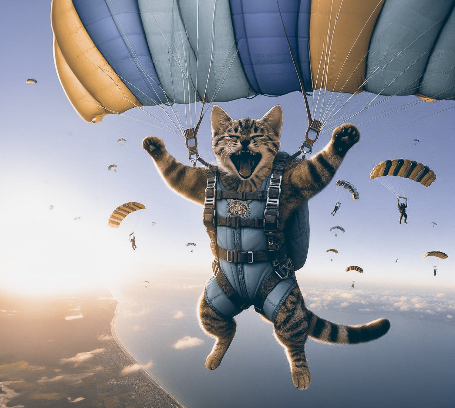 A small tabby cat parachuting high in the sky with it's mouth wide open in a look of exhilaration