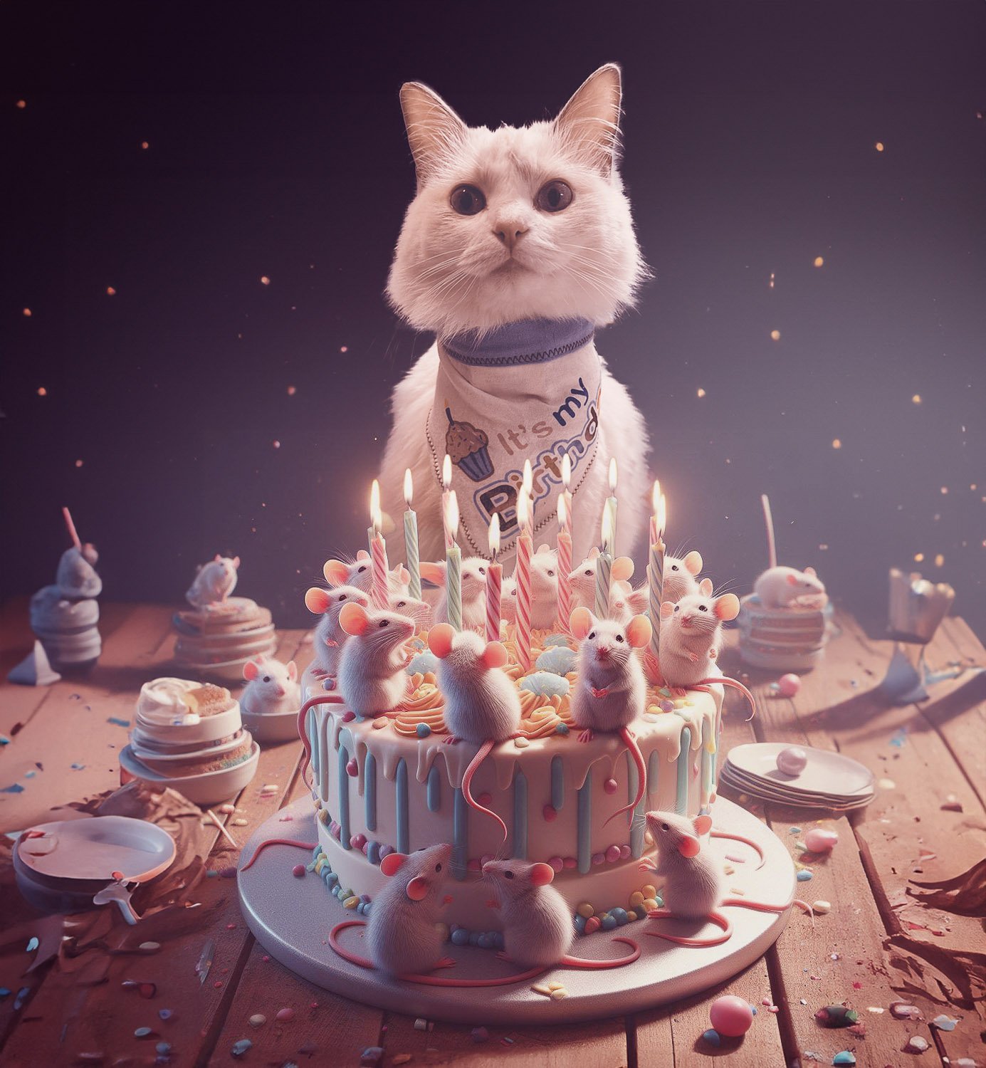 A white cat sitting behind a mouse decorated birthday cake with glowing candles  