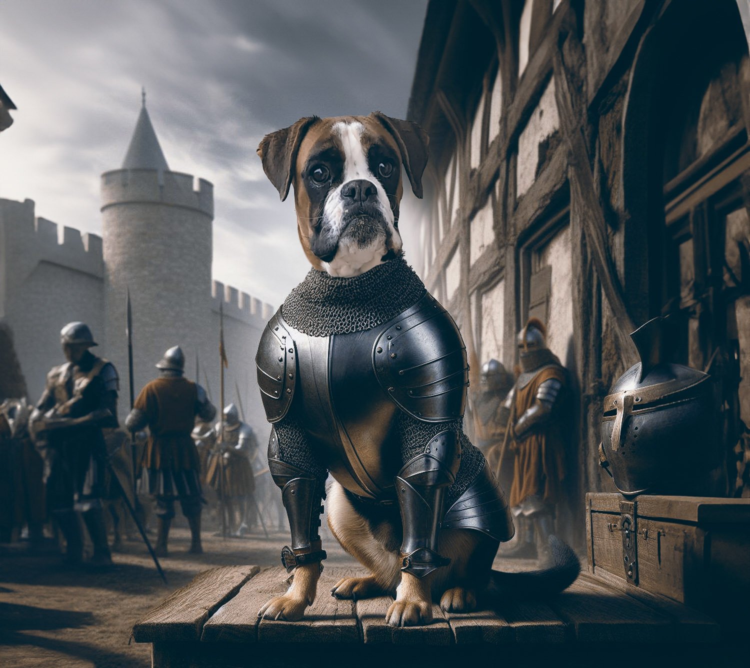 A boxer dog wearing a suit of amour sitting outside a medieval tavern 