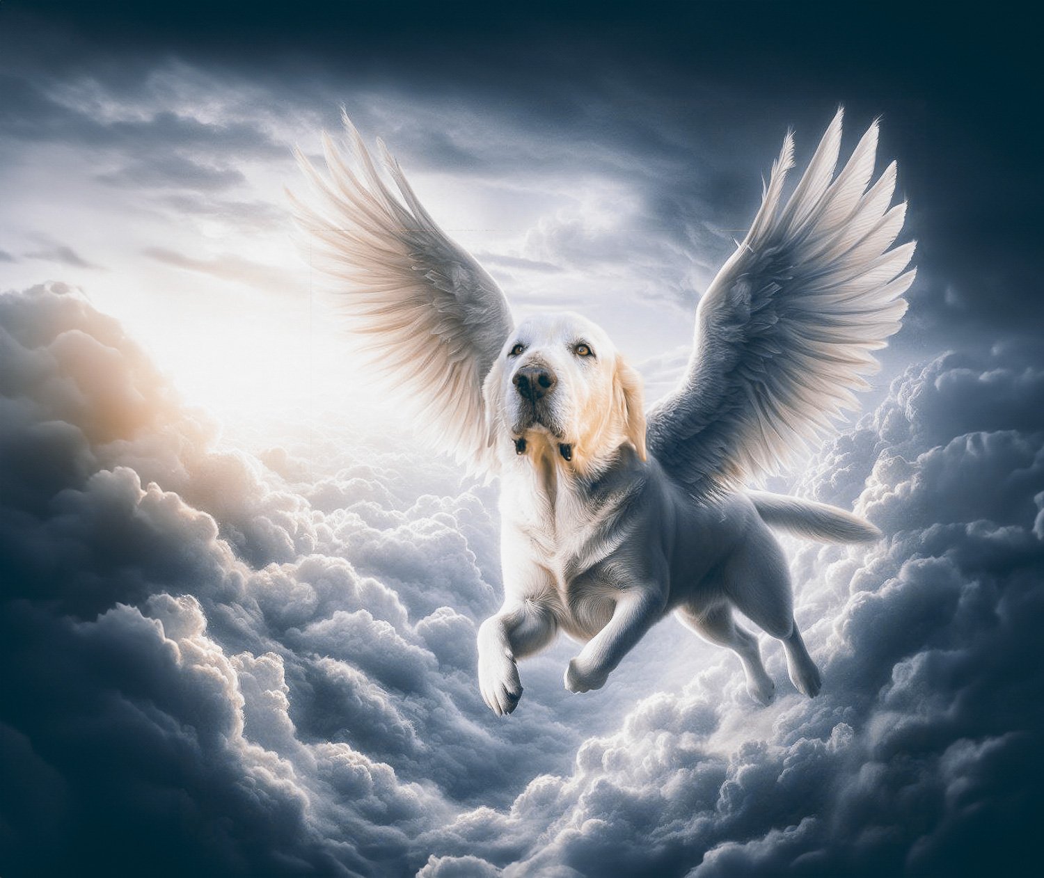 A white Golden Retriever dog with wings flying high above the clouds