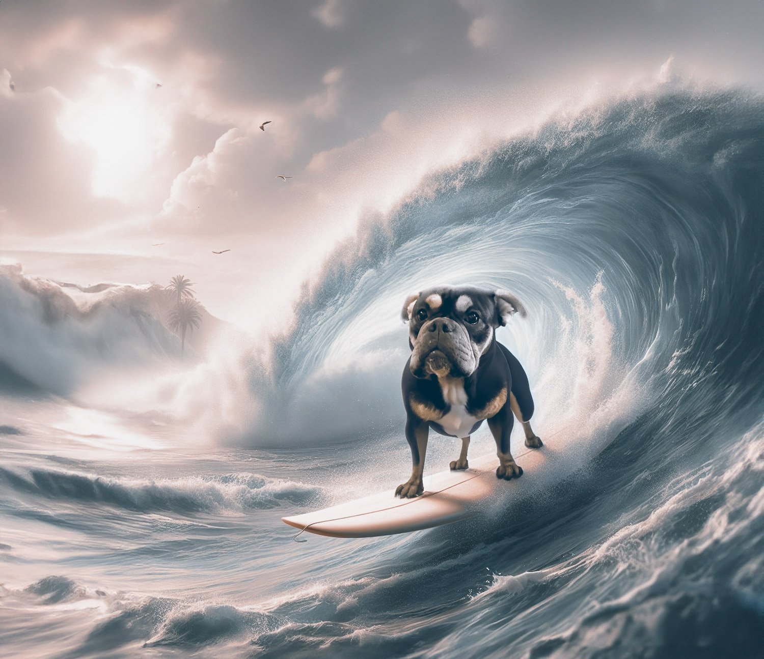 A black and white dog riding a large wave on a surfboard 