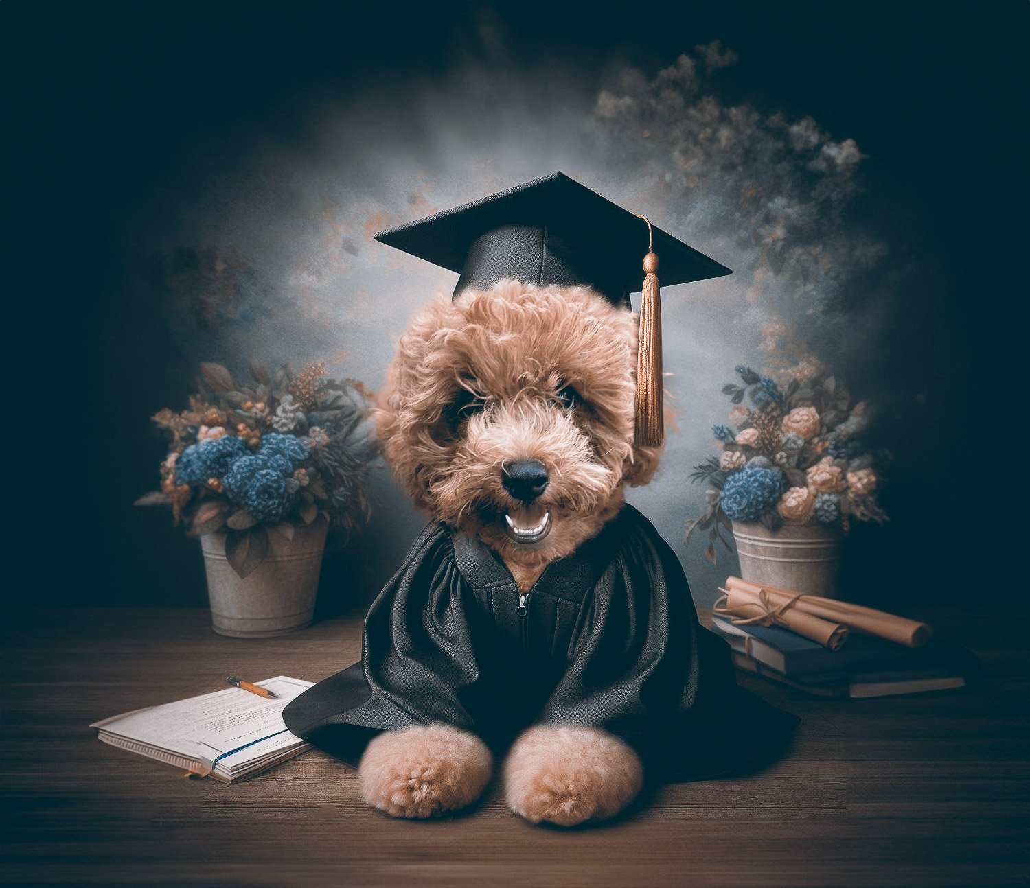 A  cavoodle dog posing for a graduation photo wearing a gown and cap                    o