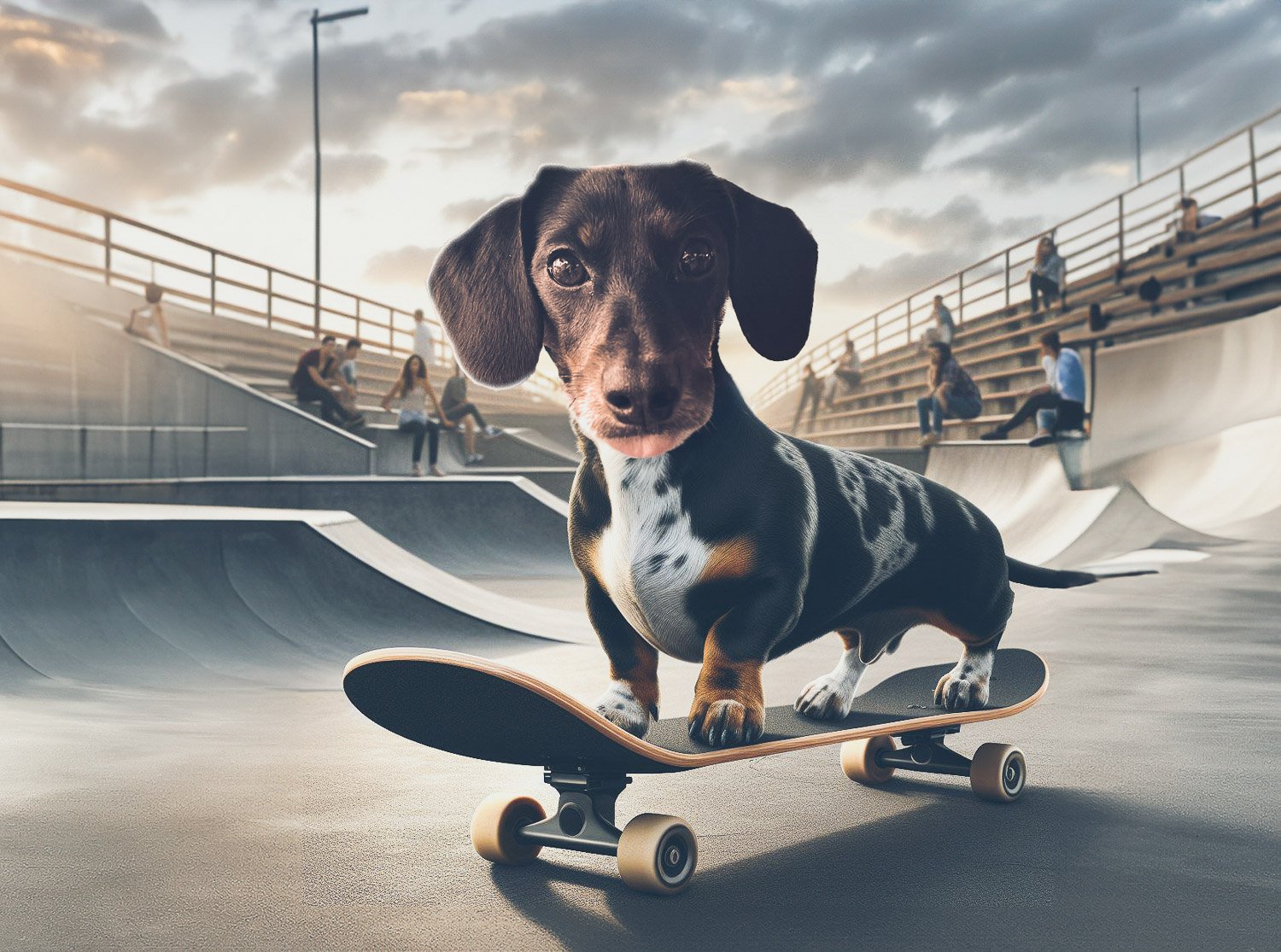 A  dachshund riding a skateboard in a skateboard park