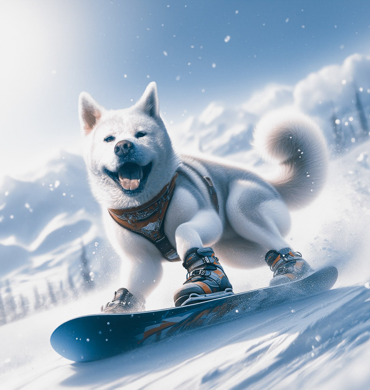 A white husky dog snowboarding down a mountain side 