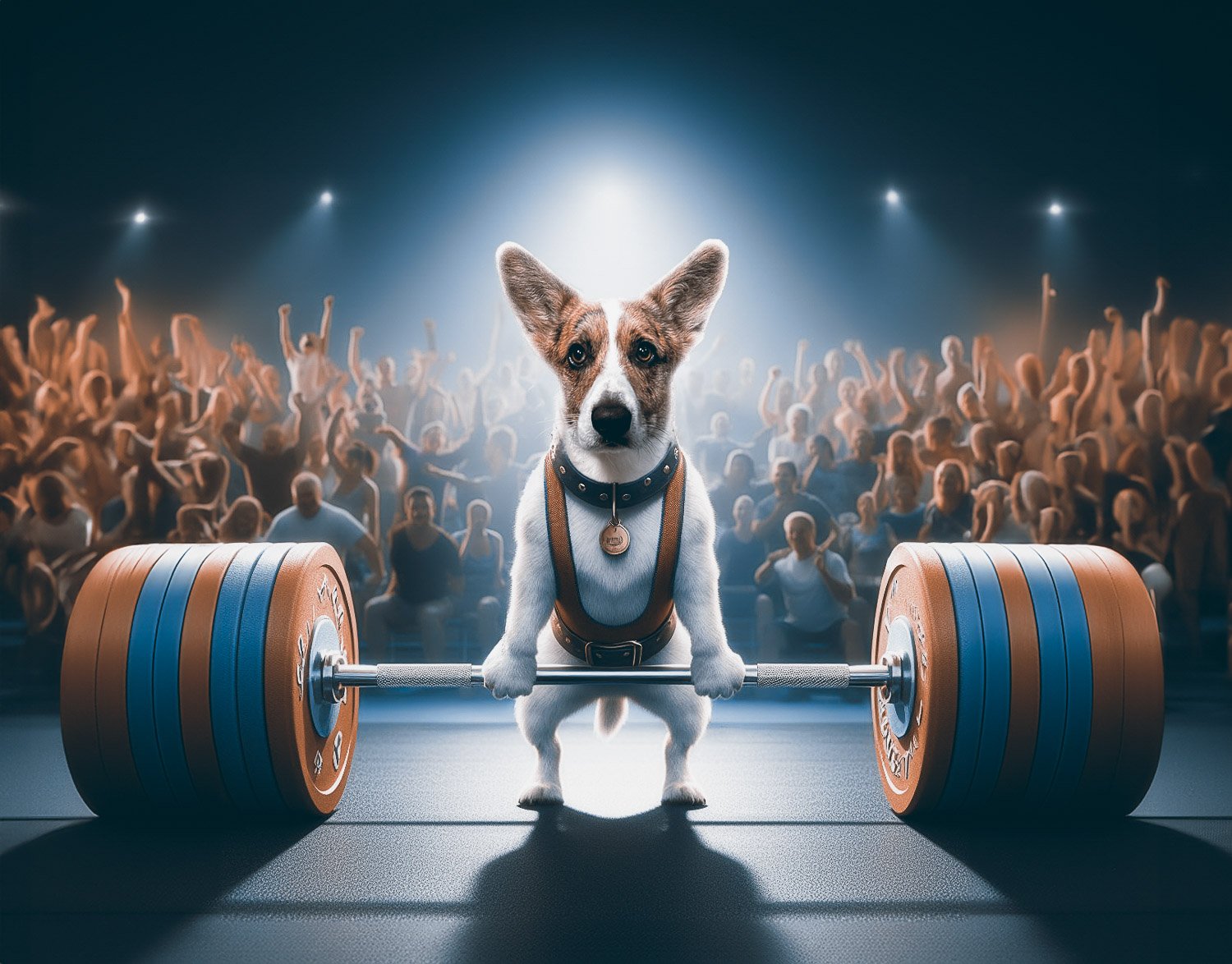 A fox terrier dog gripping the bar in a weightlifting competition 