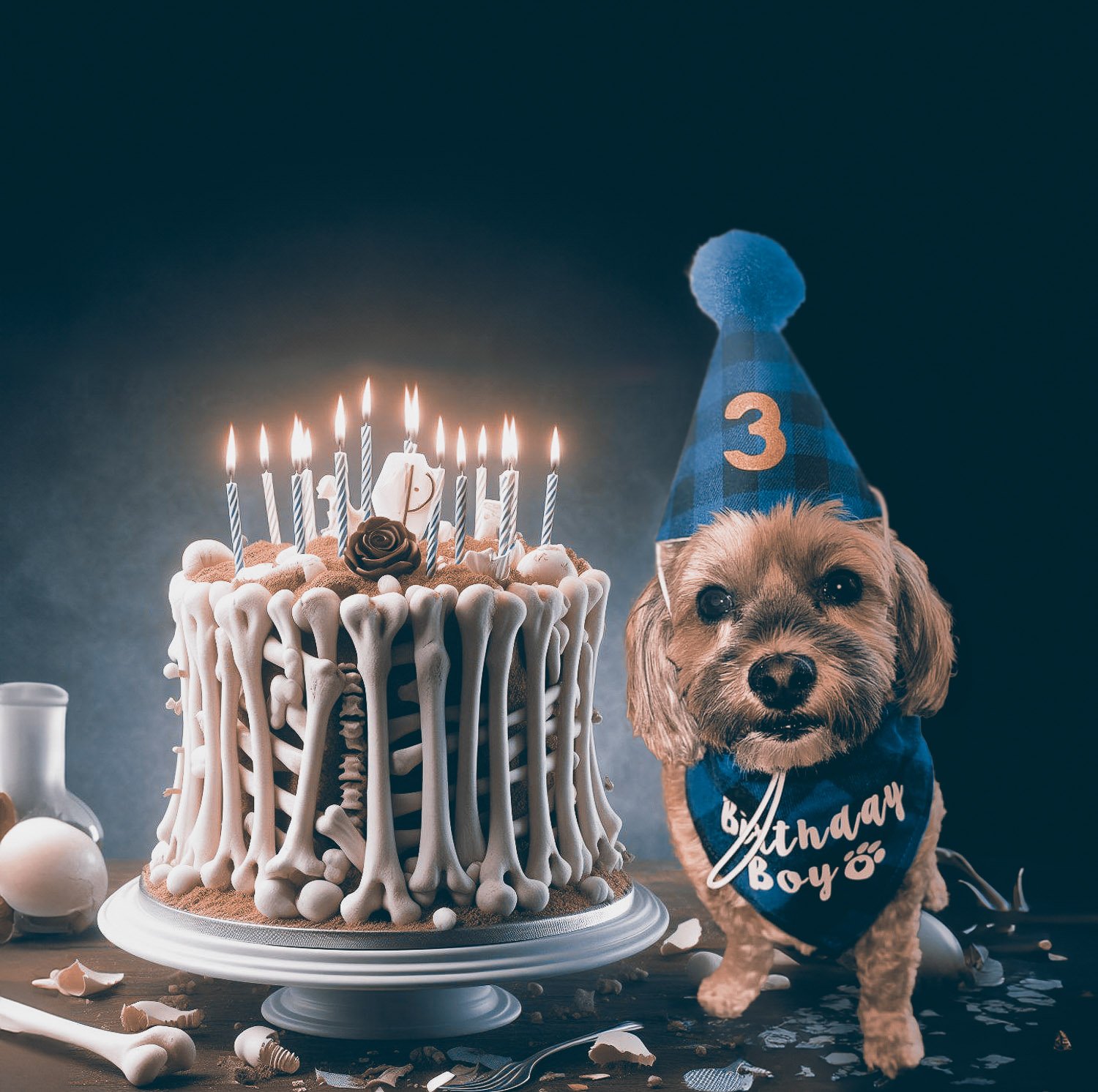 A small wiry haired dog wearing a blue party hat and bib sitting next to a bone birthday cake
