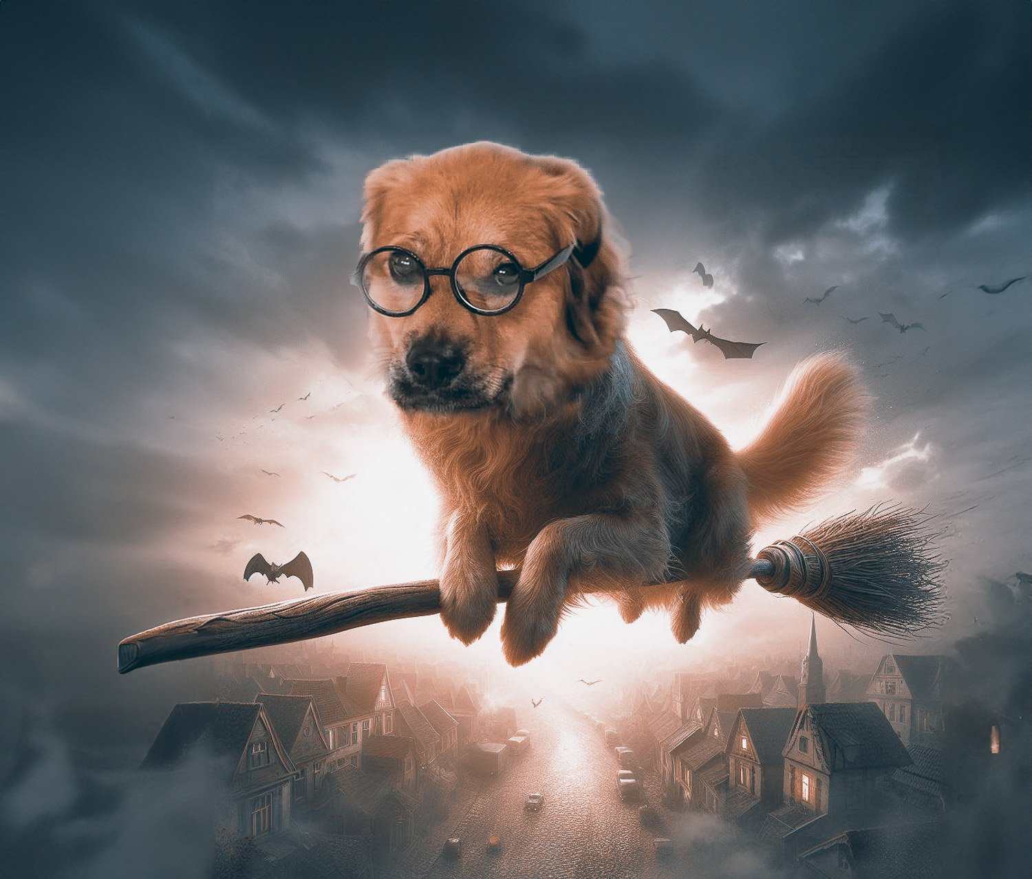 A reddish brown dog wearing reading glasses riding a broomstick high above a village town