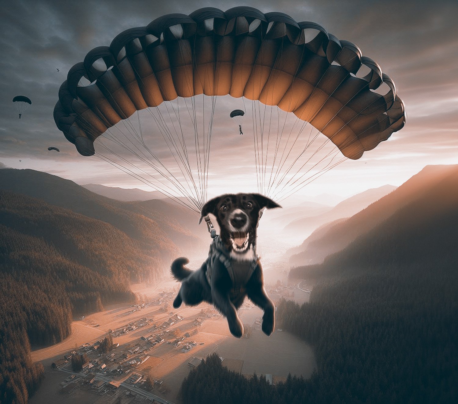 A black Dobermann dog parachuting high above a mountain range 