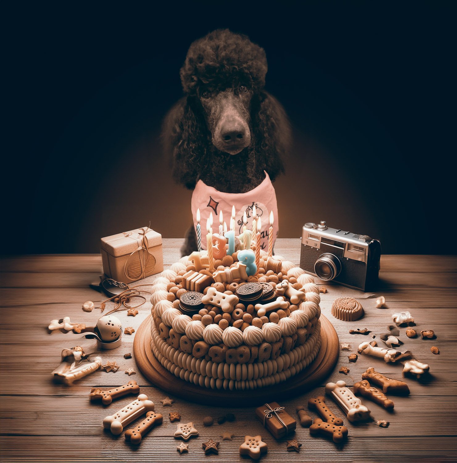 A black Poodle dog wearing a pink top sitting in front of a birthday cake made from doggie treats