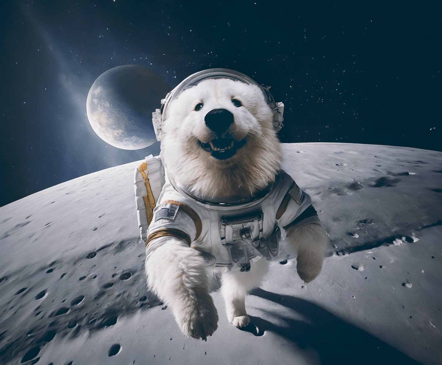 A white fluffy dog in a space suit walking on a desolate planet 