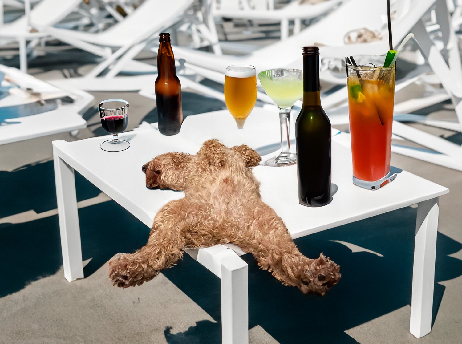 A ginger curly haired dog lying on its back on a white table surrounded by alcoholic drinks
