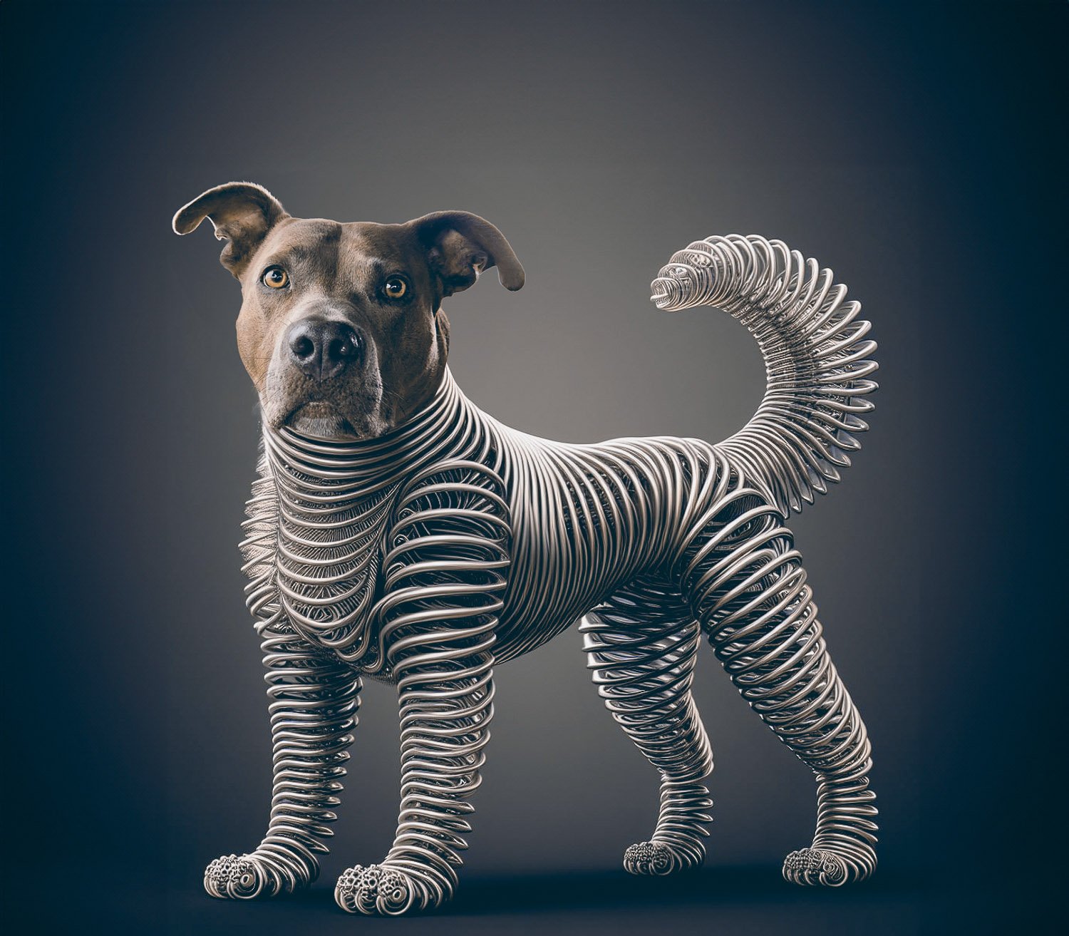A staffie dog with a body made of steel springs