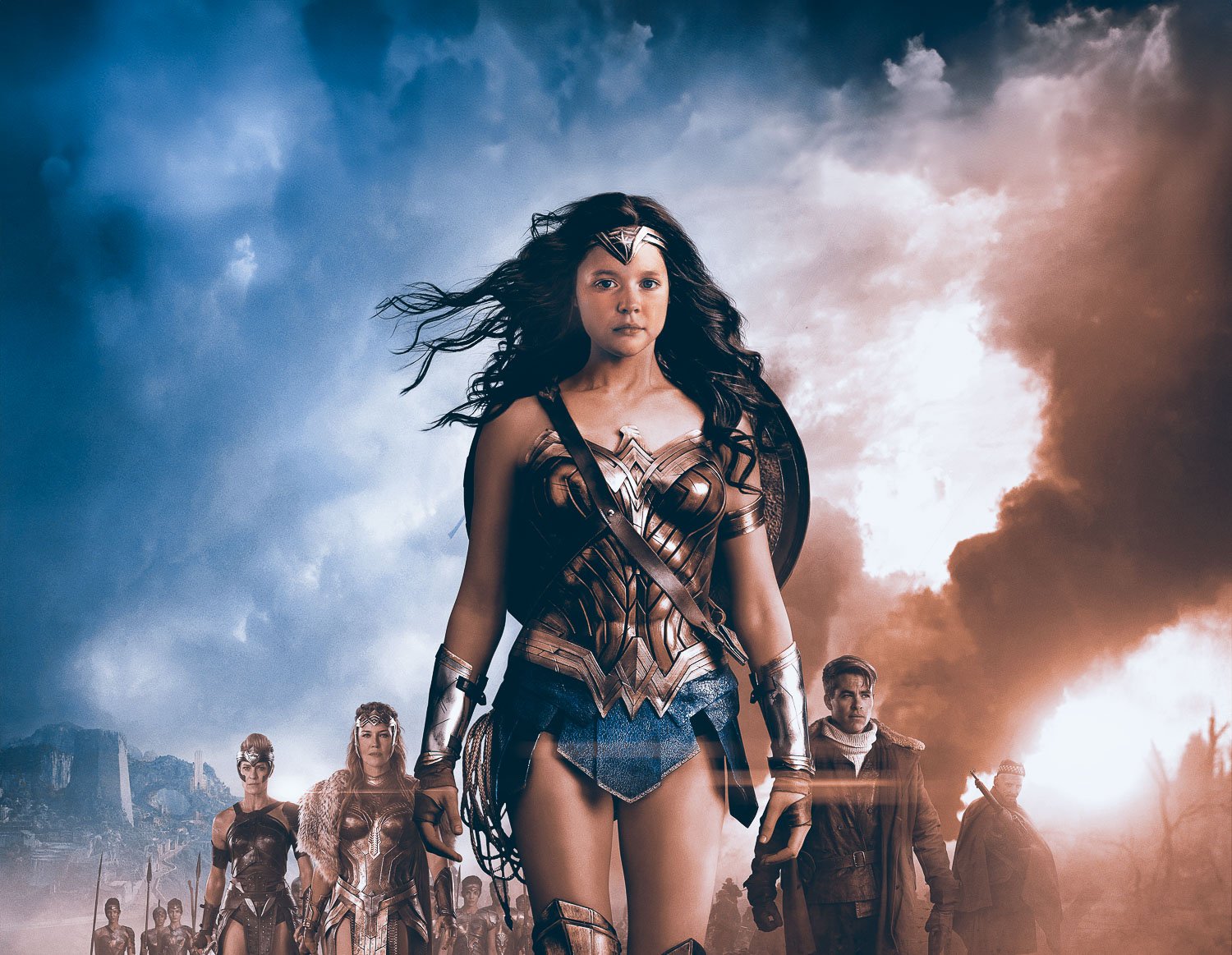 A young girl dressed as Wonder Woman walking with a group of superheros in the background
