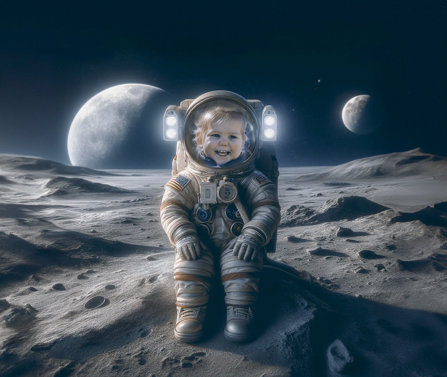 A little girl in a space suit sitting on a rock on a desolate moonscape 