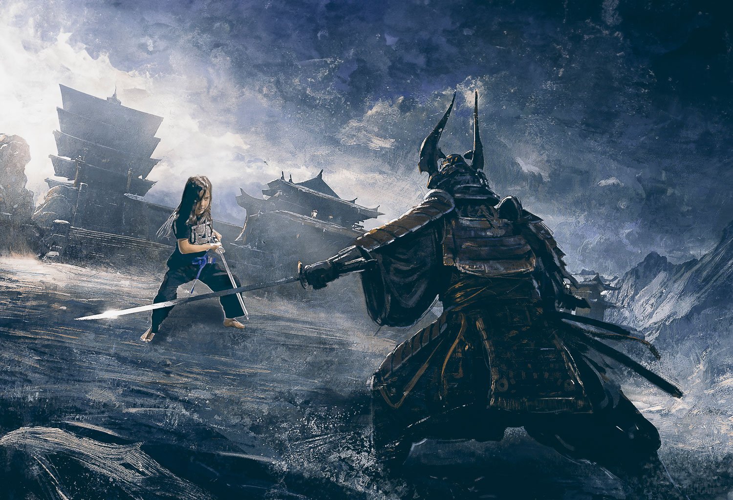 A young girl in a ninja scene having a sword fight with a ninja warrior 