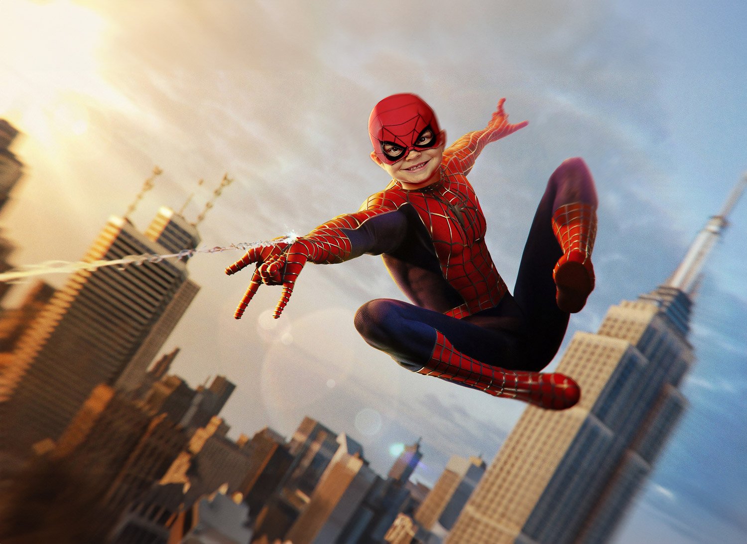 Young boy dressed as Spiderman leaping high above city