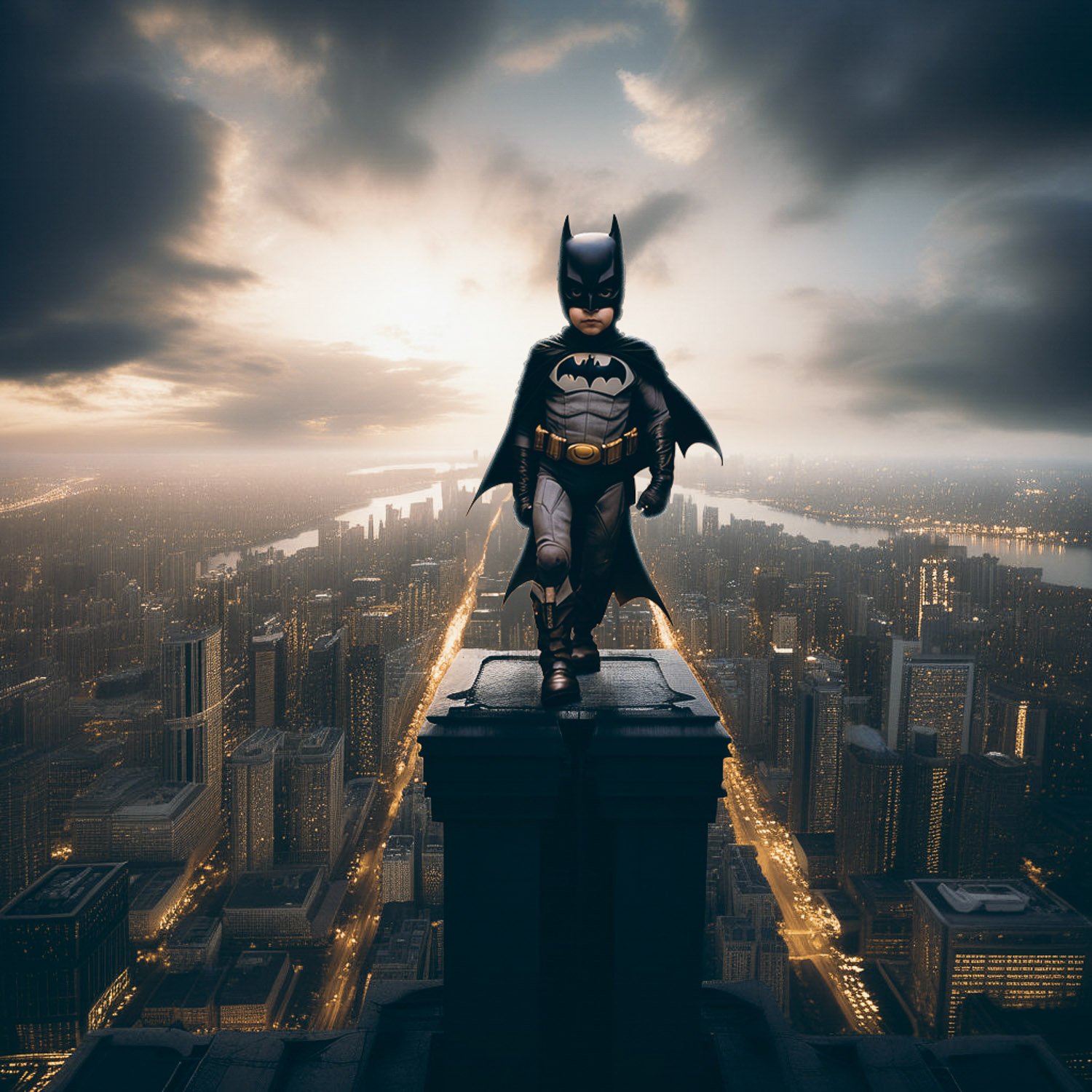 Young boy in Batman costume standing on top of city building