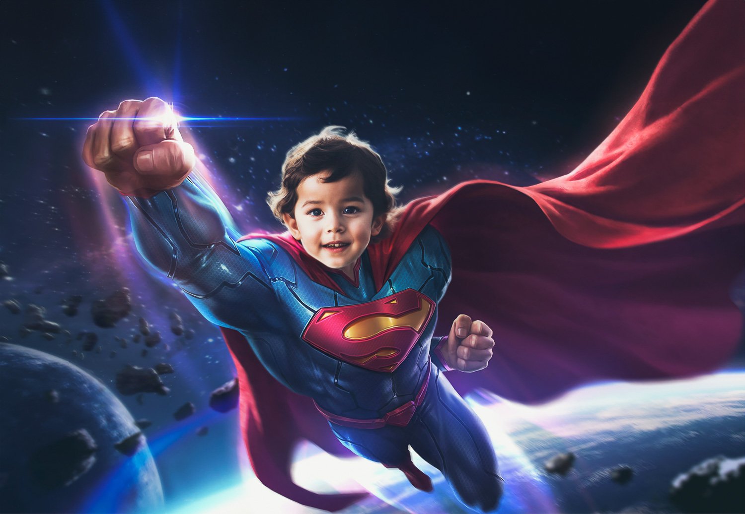 Young boy flying high above earth in Superman outfit
