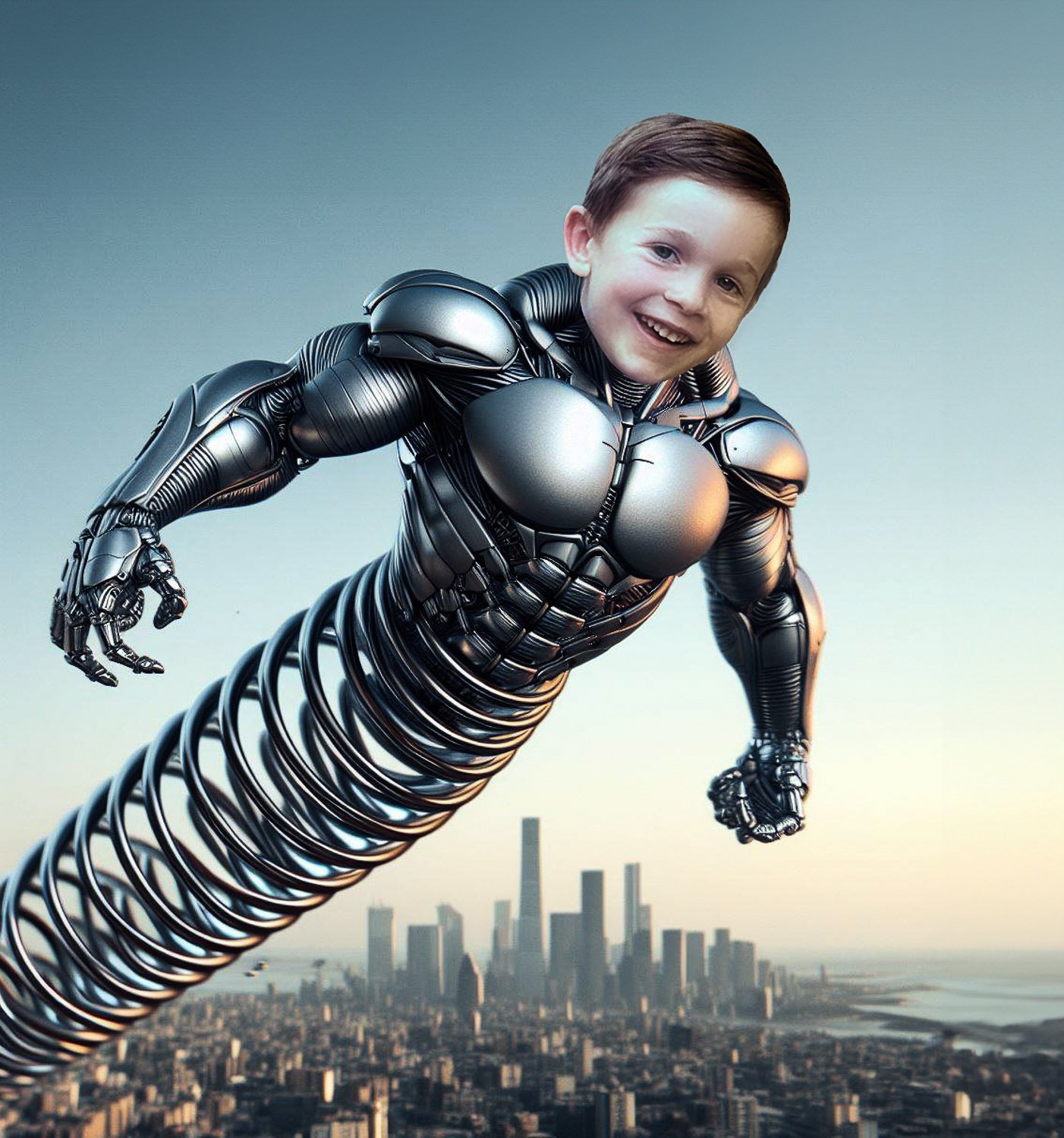 A young boy with a steel spring body high in city skyline