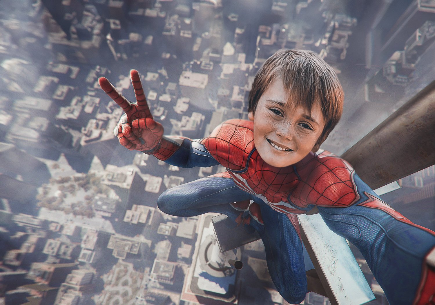 A young boy in a Spiderman costume perched on a tall building