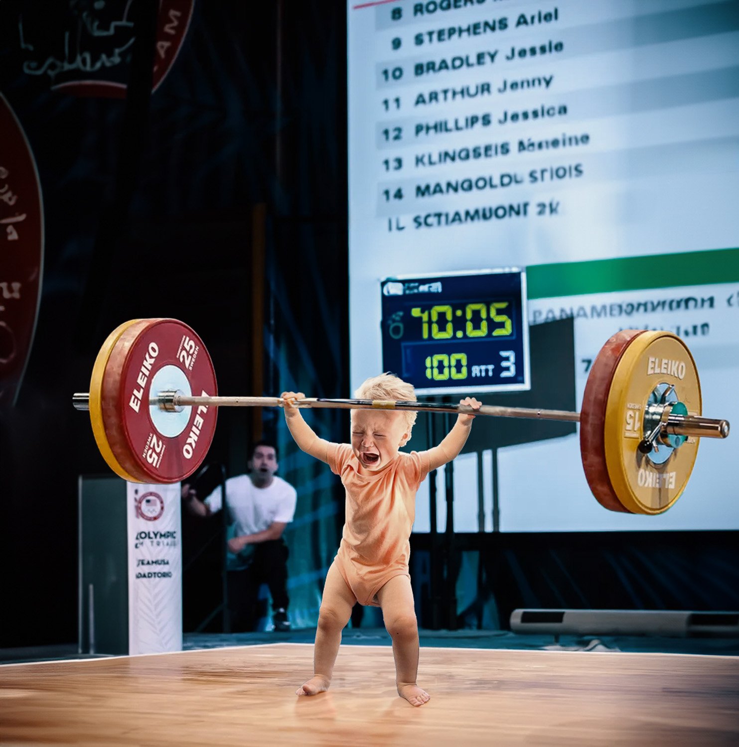 A boy toddler lifting a barbell in a weightlifting competition