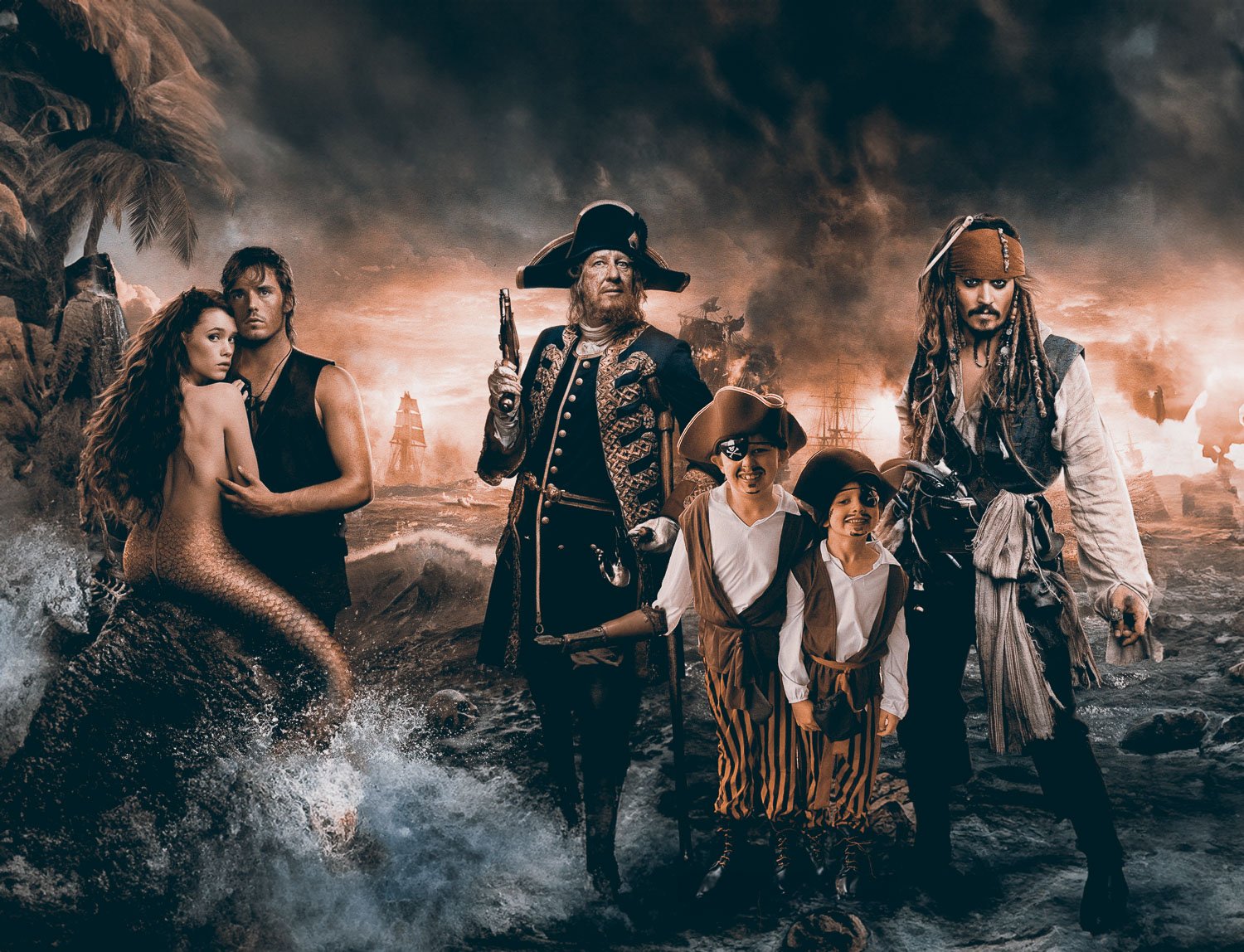 Two boys dressed as pirates in Pirates of the Caribbean background