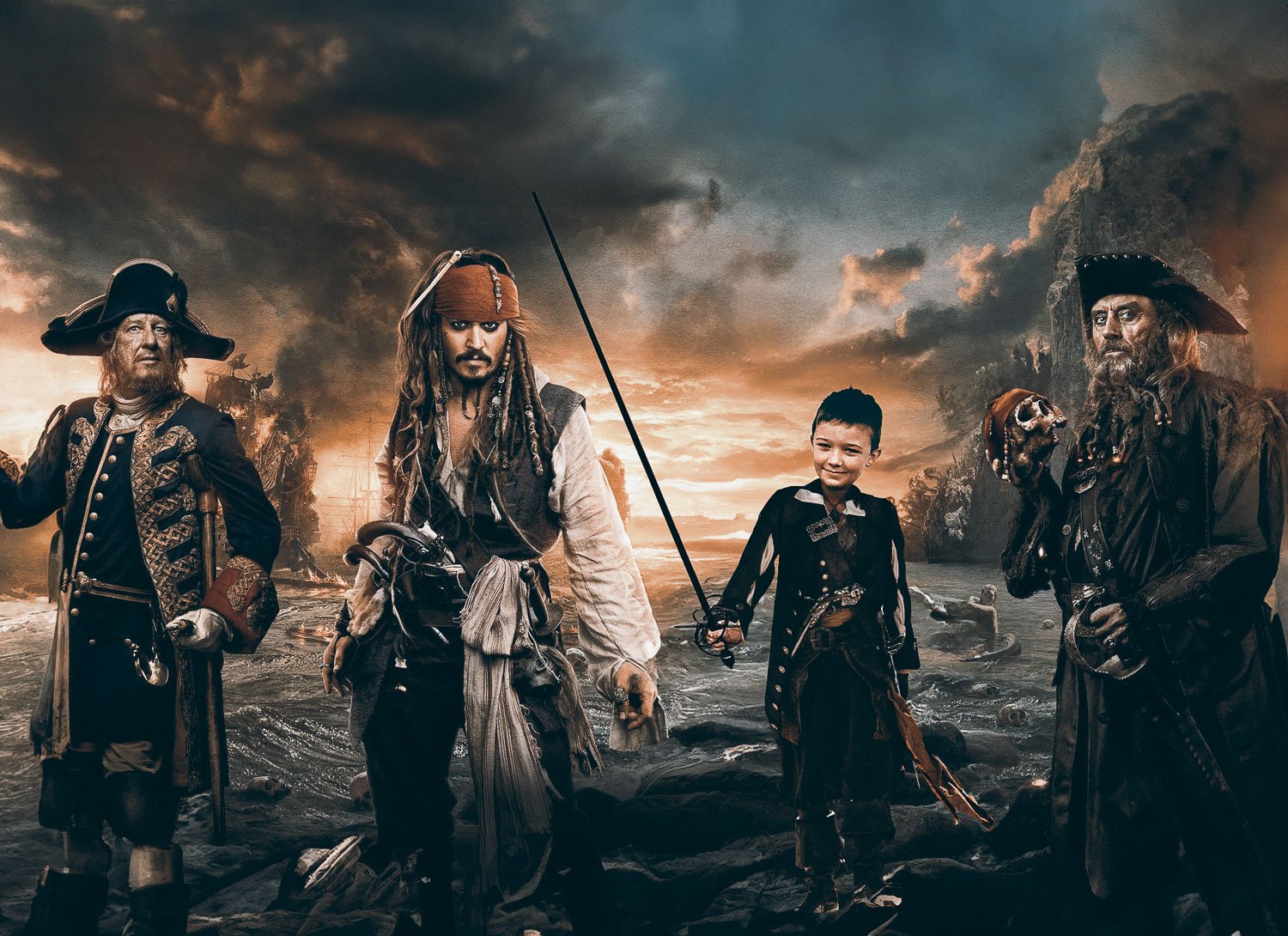 Young boy dressed as a pirate standing with three pirates