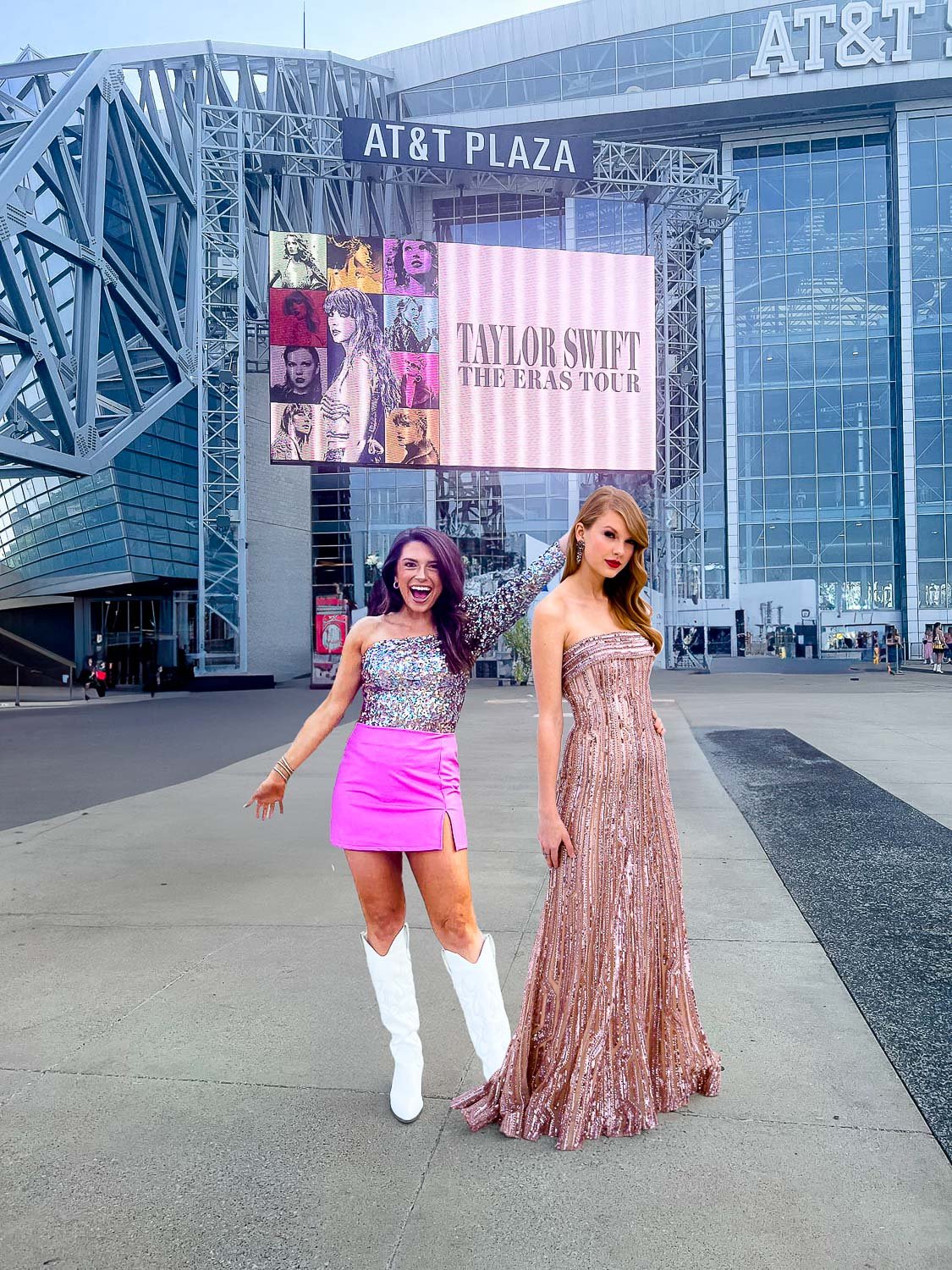 A young woman posing outside of a stadium with Taylor Swift