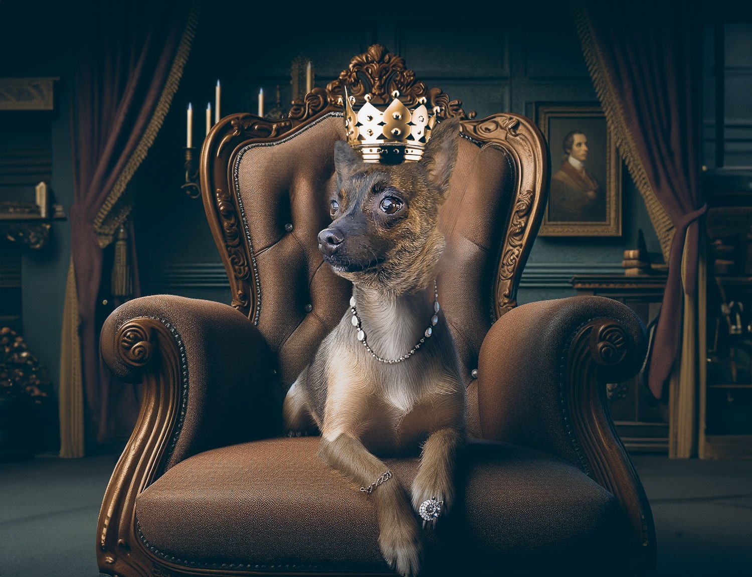 A brown Chihuahua dog lying on a chair wearing a golden crown a bracelet and a diamond ring