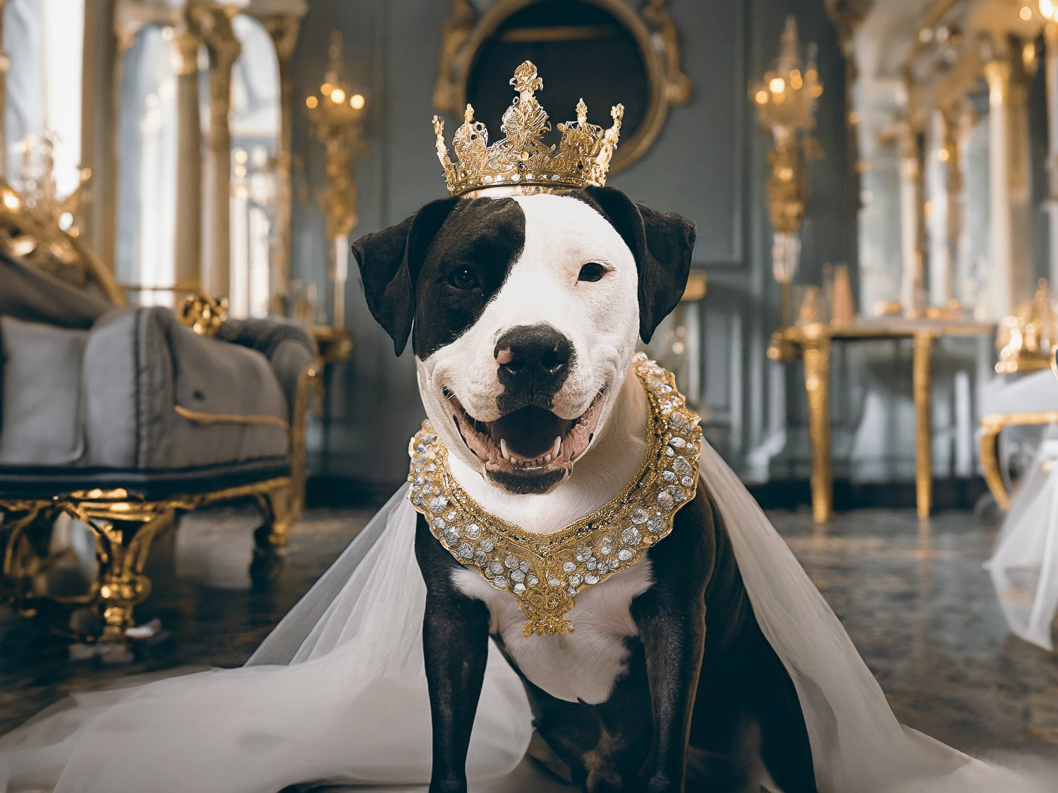 A black and white staffie dog sitting in her royal chambers wearing a crown and gown 
