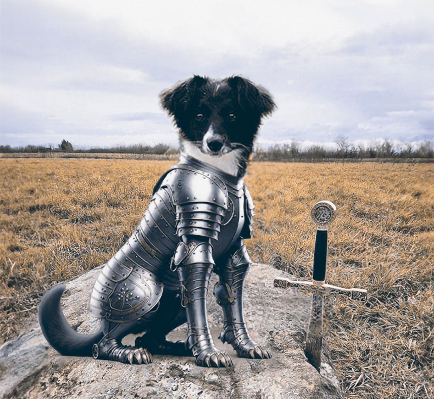 A black and white colored dog dressed in a suit of armour sitting on a rock with a sword plunged into it