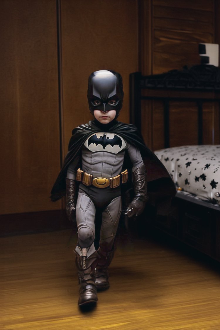 Young boy in bedroom dressed as Batman