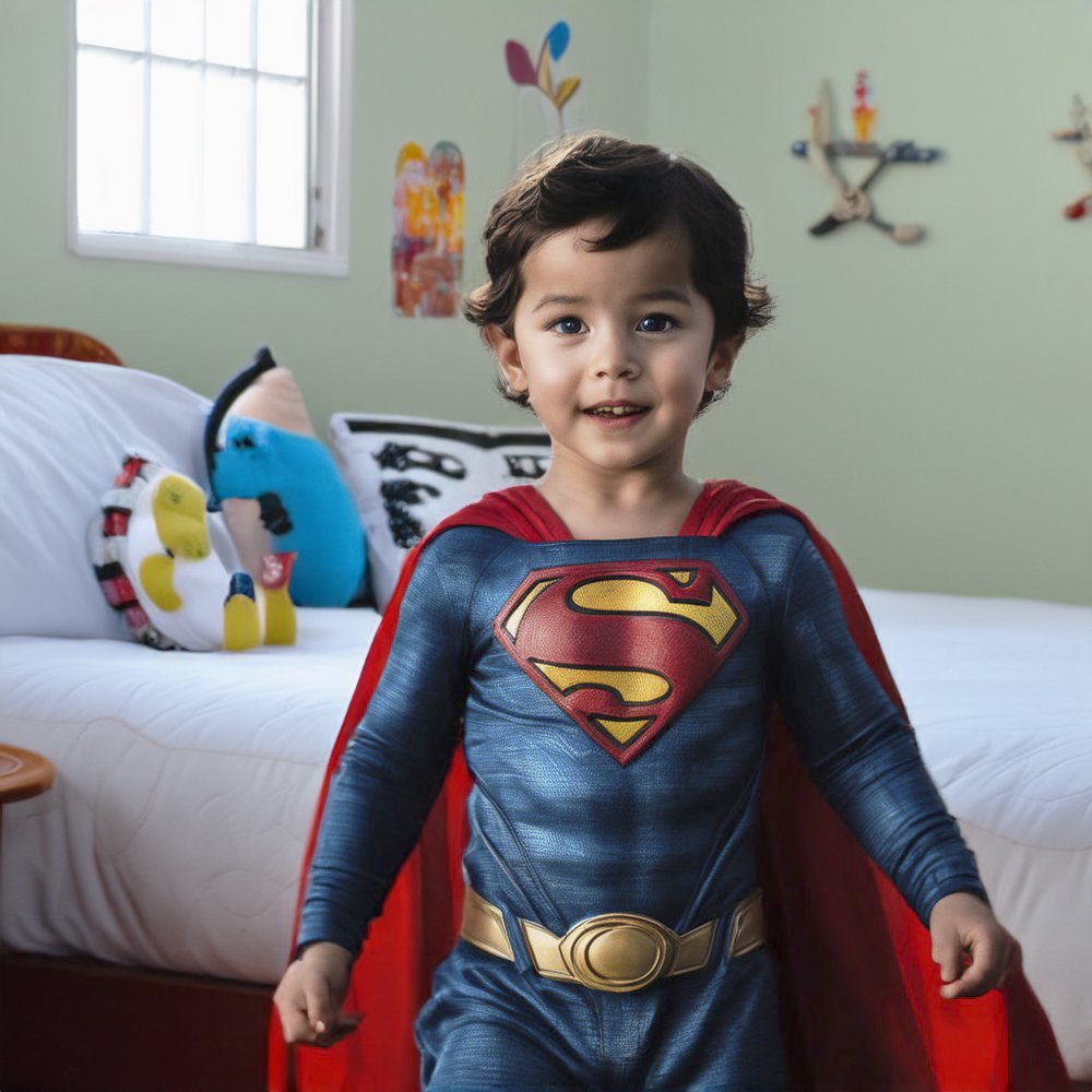 Boy dressed as Superman in bedroom