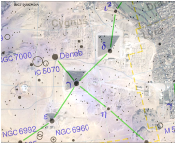 Figure 1A. Map of the pyramids with an overlay of the stars of the constellation Cygnus/ Geb .