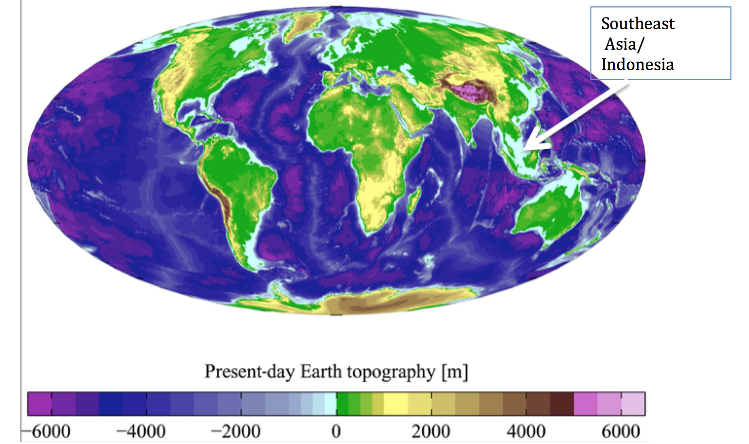 Figure 2. An image of the present day land elevation and sea levels. The light blue colored areas are roughly 100 m deep and would have been exposed land prior to the Younger Dryas period. ( https://en.wikipedia.org/wiki/Bathymetry#/media/File:AYool_topography_15 )