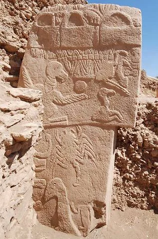 Figure 5. The vulture stone (Pillar 43) at Göbekli Tepe. Note the scorpion in the register below the bent winged vulture (Pic credit: German Archaeological Institute) - http://www.andrewcollins.com/page/articles/Gobekli.htm .
