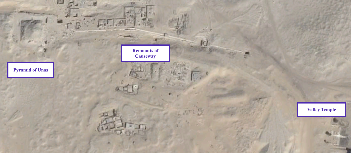 igure SEQ
Figure \* ARABIC 1 . Pharaoh Unas’ pyramid complex with the Valley Temple in the lower right and pyramid in the upper left. The remnants of the connecting, partially enclosed causeway can be seen running through the middle of the figure (Google Earth).