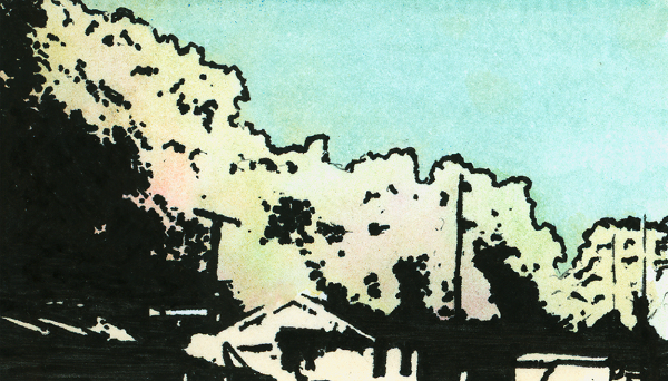 Commuter's landscape Watercolor and roller ball pen on business card (c) Giles 2014